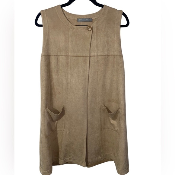 209WST38 NEW YORK Tan Suede Sleeveless Cape Cardigan Size 12 - Picture 1 of 5